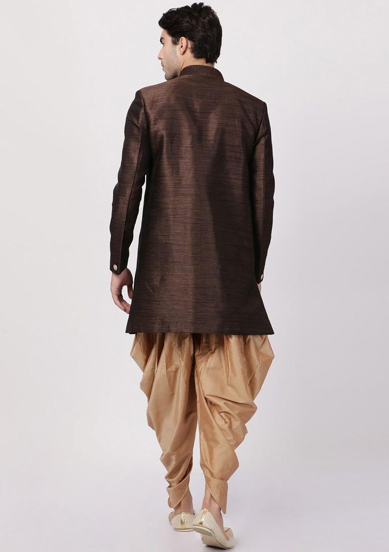 Brown Solid Silk Indowestern Sherwani Set For Men