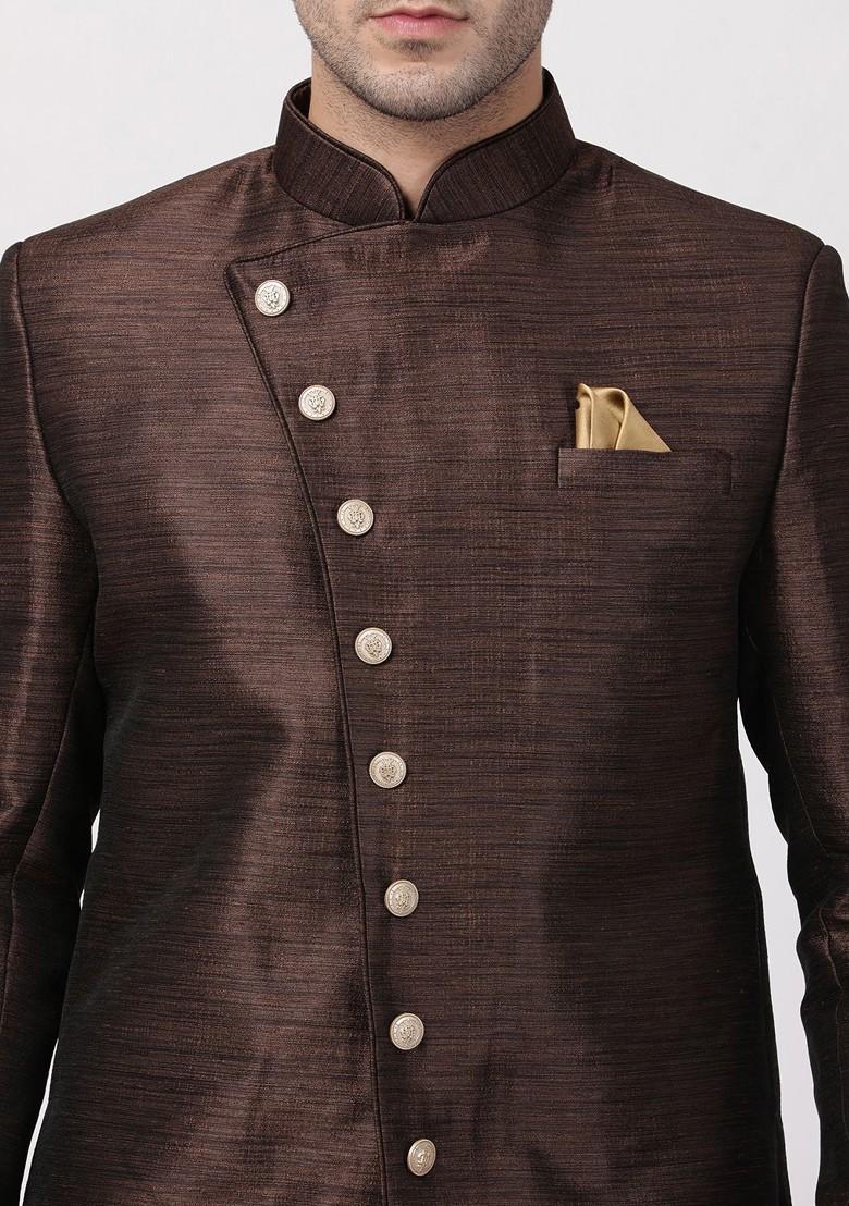 Brown Solid Silk Indowestern Sherwani Set For Men