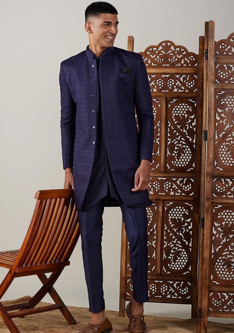 Navy Blue Solid Jacquard Indowestern Sherwani Set For Men