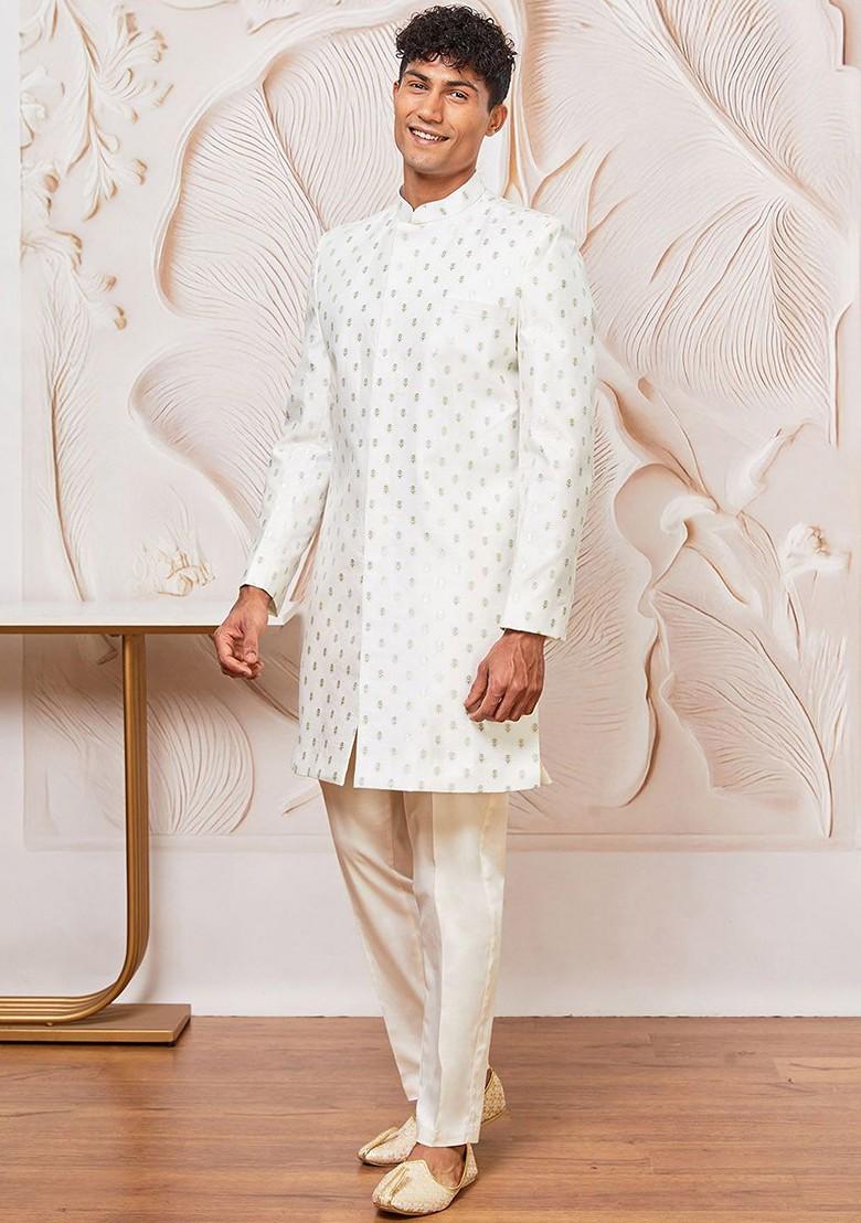 Cream Woven Poly Blend Indowestern Sherwani Set For Men