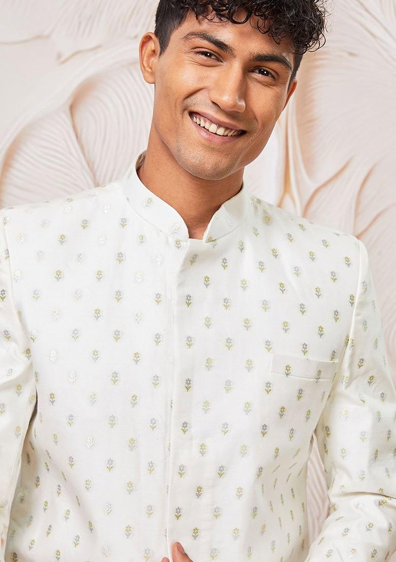 Cream Woven Poly Blend Indowestern Sherwani Set For Men