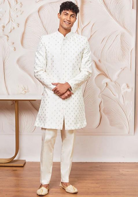 Cream Woven Poly Blend Indowestern Sherwani Set For Men