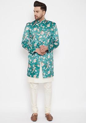 Teal Printed Poly Blend Indowestern Sherwani Set For Men