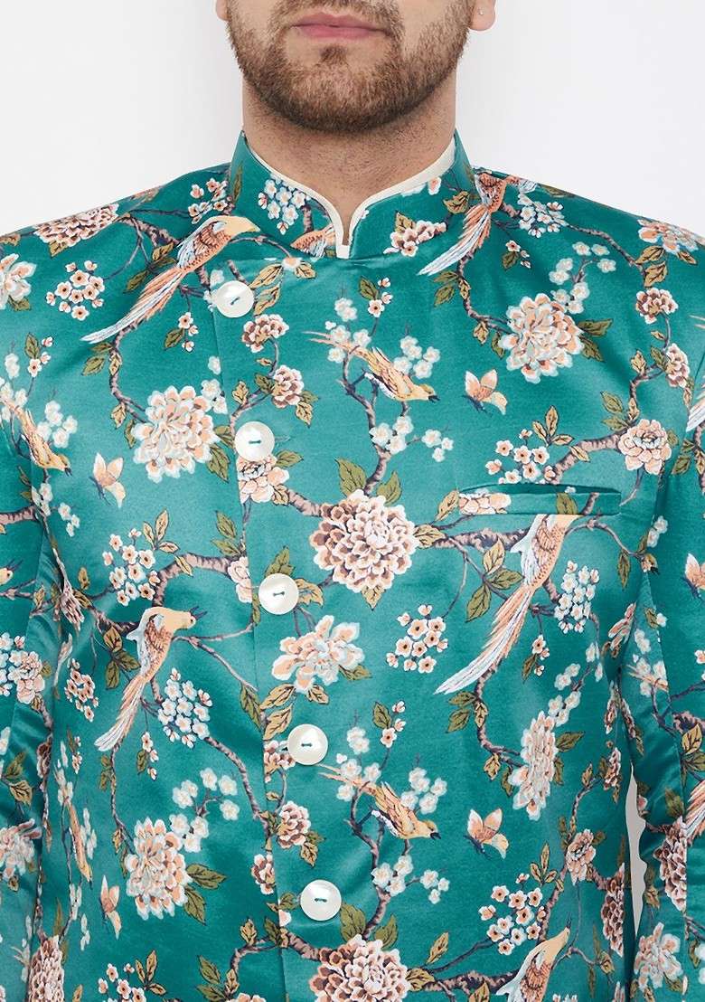 Teal Printed Poly Blend Indowestern Sherwani Set For Men - Indya