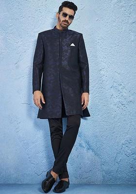 Navy Blue Embroidered Poly Blend Indowestern Sherwani Set For Men