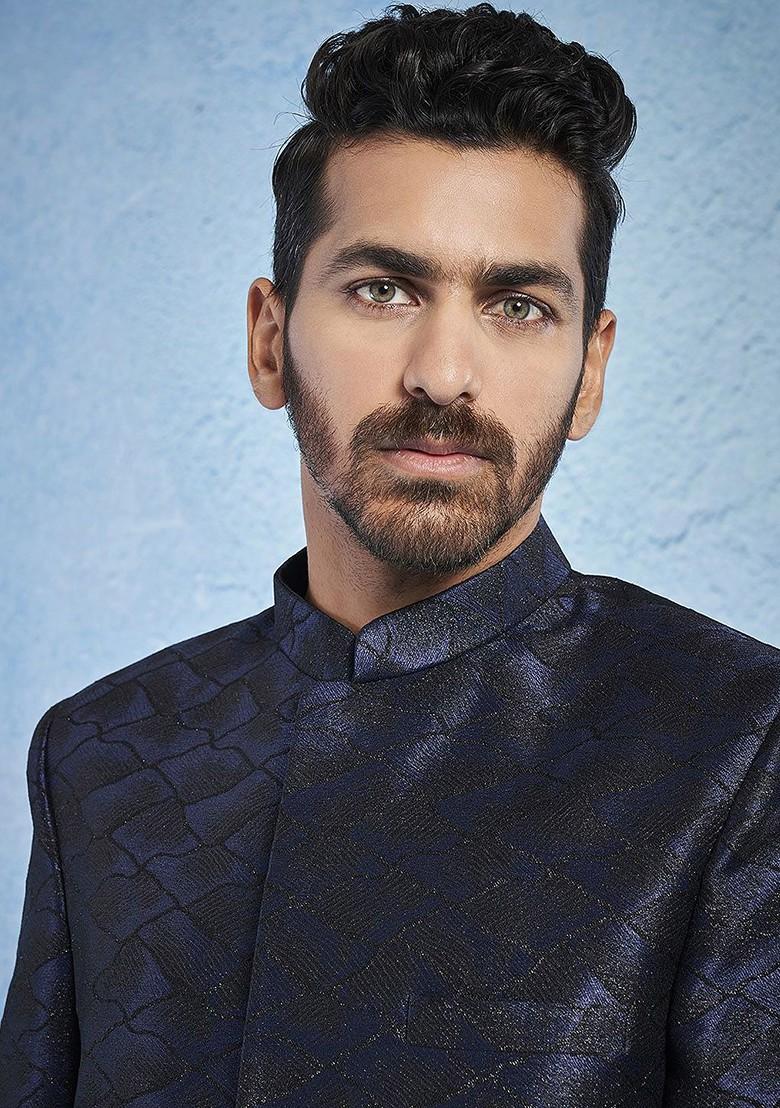 Navy Blue Embroidered Poly Blend Indowestern Sherwani Set For Men