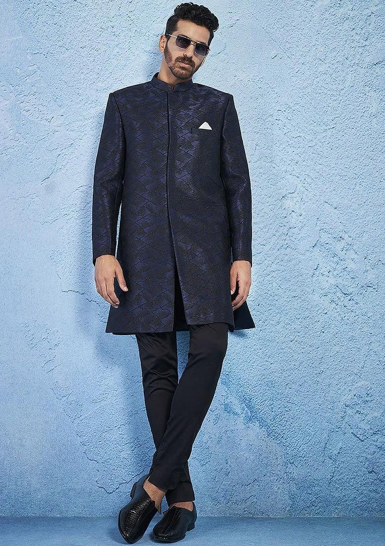 Navy Blue Embroidered Poly Blend Indowestern Sherwani Set For Men