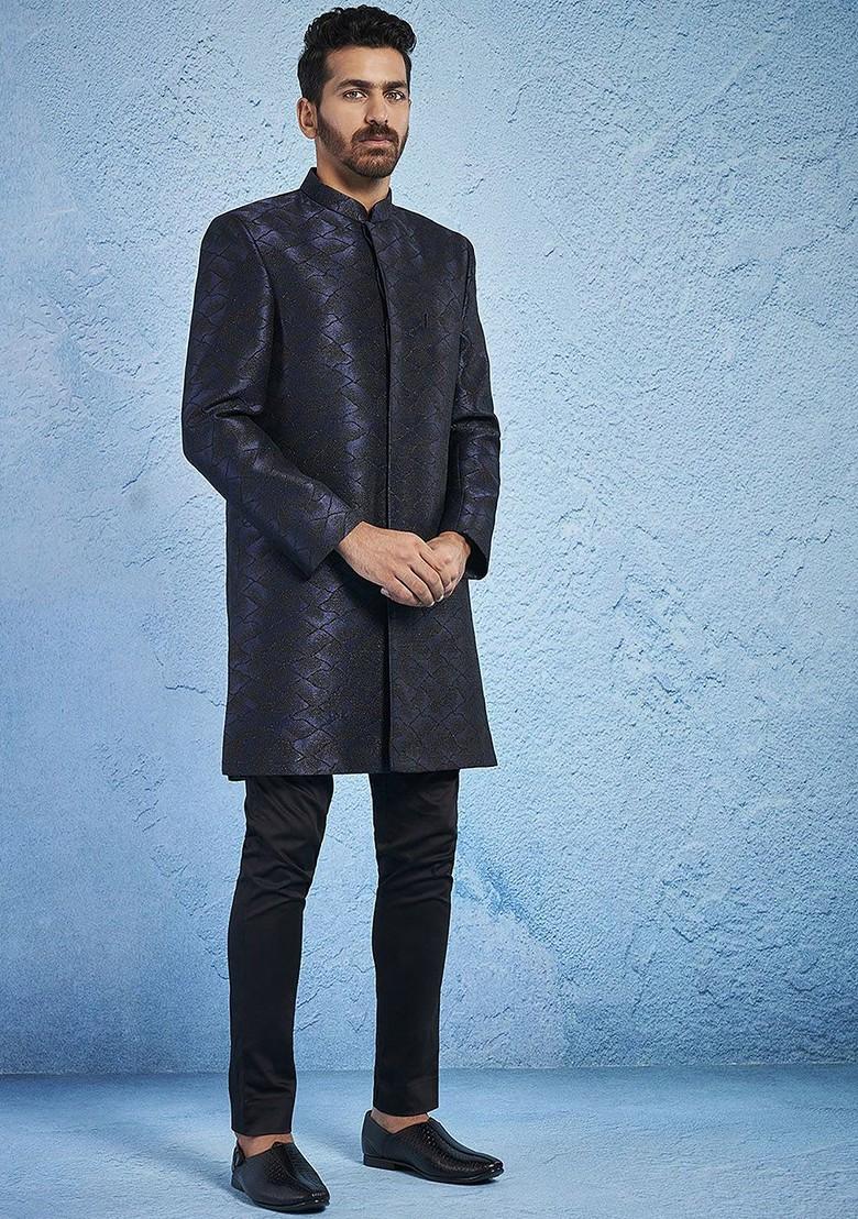Navy Blue Embroidered Poly Blend Indowestern Sherwani Set For Men