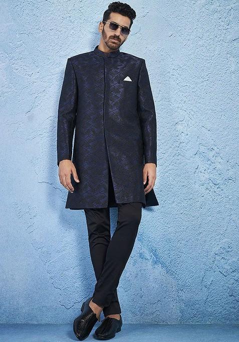 Navy Blue Embroidered Poly Blend Indowestern Sherwani Set For Men