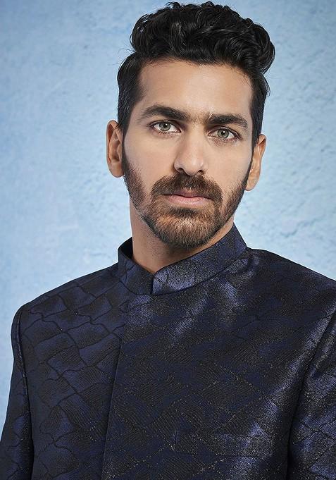 Navy Blue Embroidered Poly Blend Indowestern Sherwani Set For Men