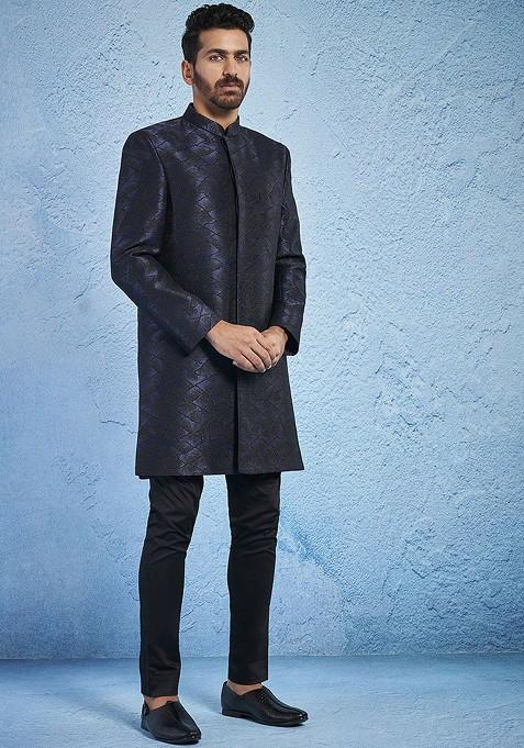 Navy Blue Embroidered Poly Blend Indowestern Sherwani Set For Men