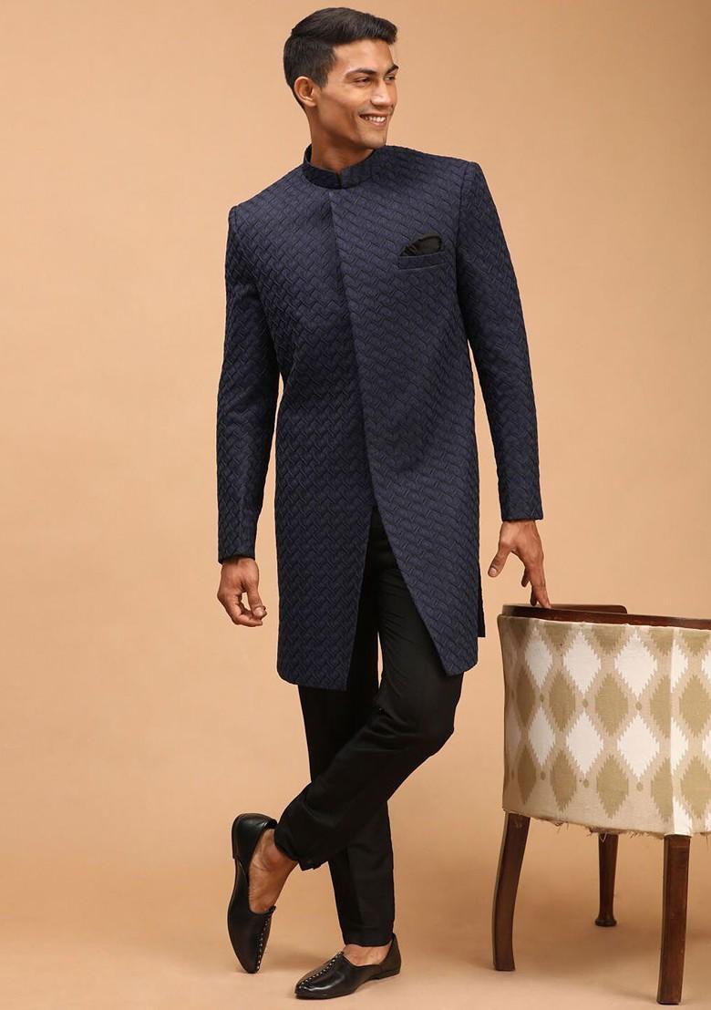 Navy Blue Embroidered Poly Blend Indowestern Sherwani Set For Men