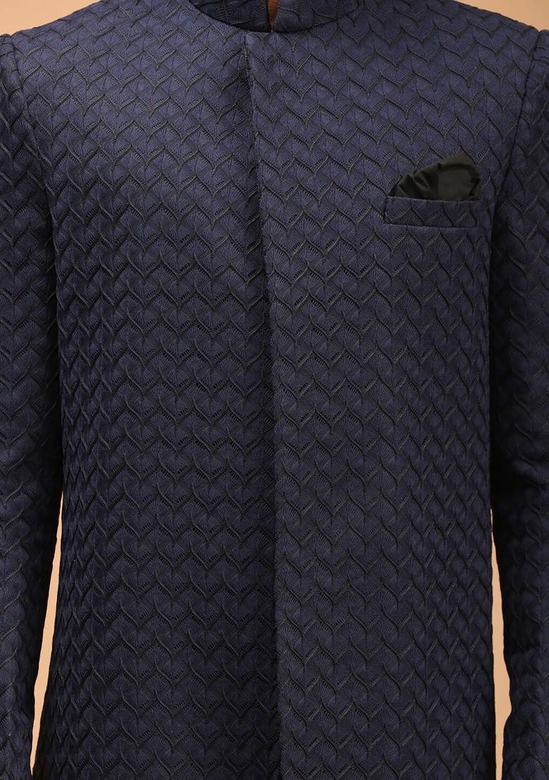 Navy Blue Embroidered Poly Blend Indowestern Sherwani Set For Men