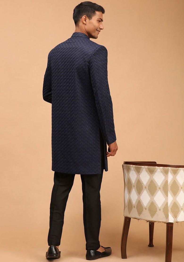 Navy Blue Embroidered Poly Blend Indowestern Sherwani Set For Men