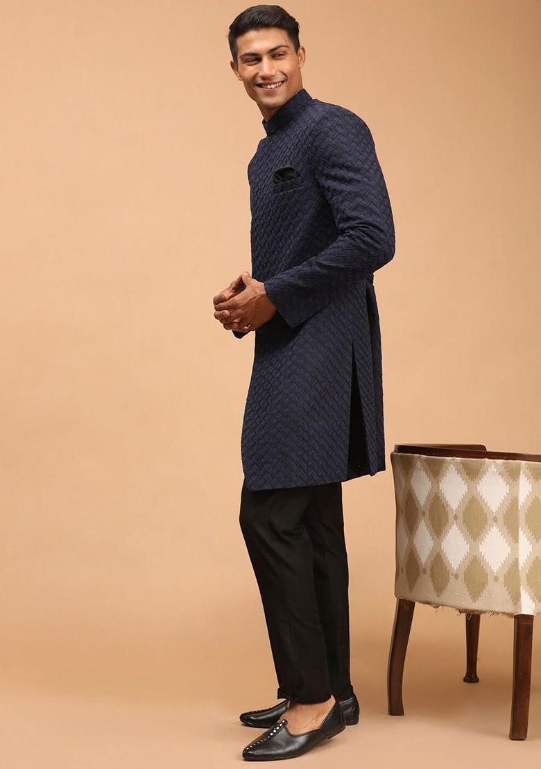 Navy Blue Embroidered Poly Blend Indowestern Sherwani Set For Men