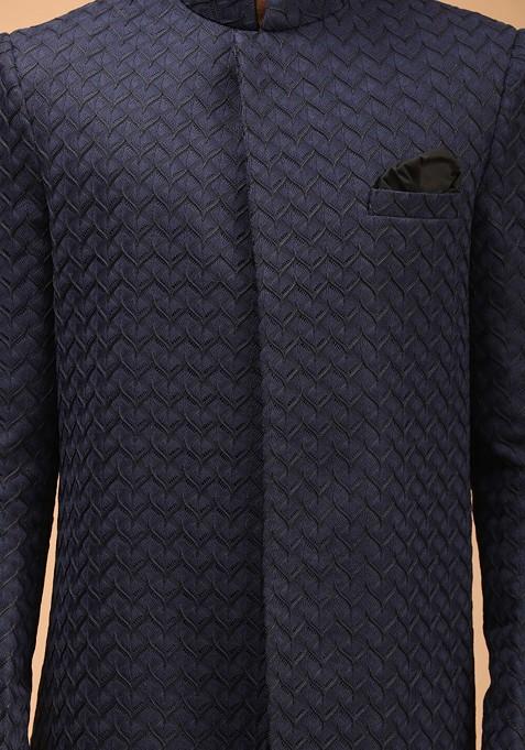 Navy Blue Embroidered Poly Blend Indowestern Sherwani Set For Men