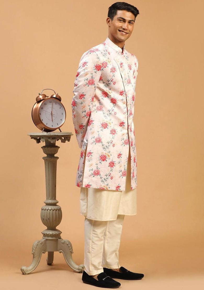 Peach Printed Poly Blend Indowestern Sherwani Set For Men