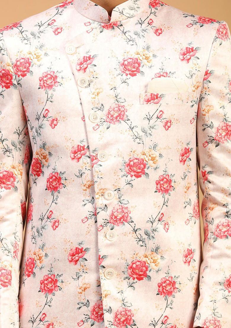 Peach Printed Poly Blend Indowestern Sherwani Set For Men