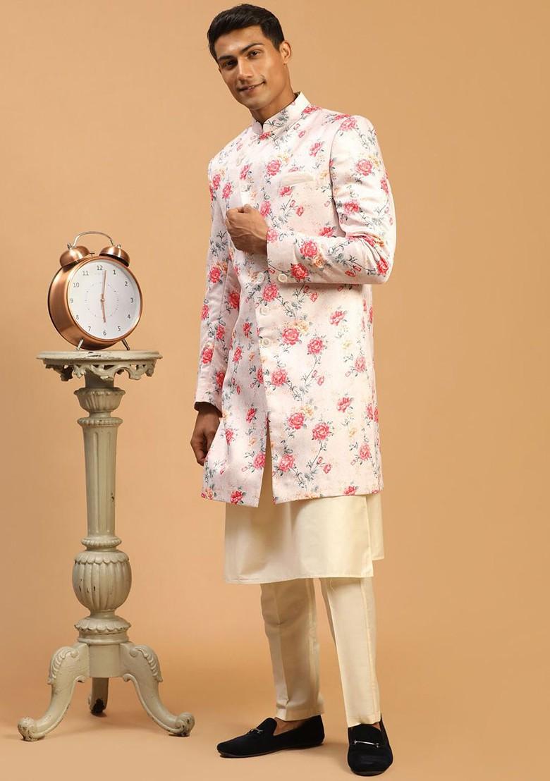 Peach Printed Poly Blend Indowestern Sherwani Set For Men