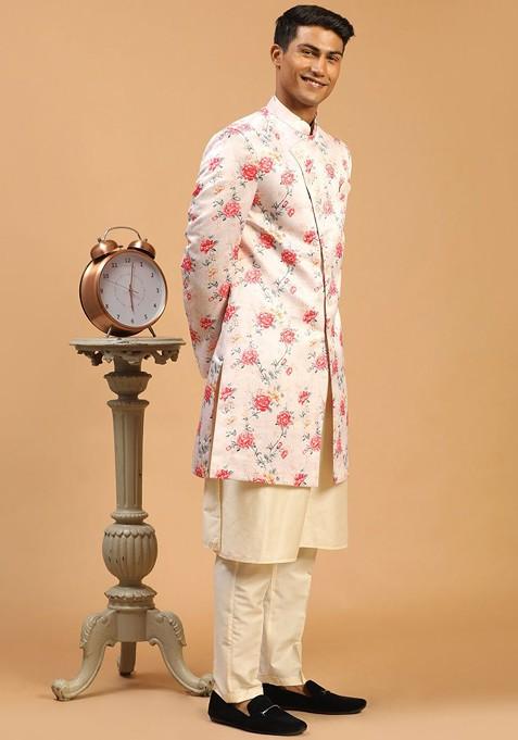 Peach Printed Poly Blend Indowestern Sherwani Set For Men