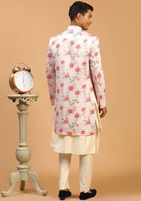 Peach Printed Poly Blend Indowestern Sherwani Set For Men