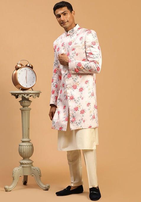 Peach Printed Poly Blend Indowestern Sherwani Set For Men
