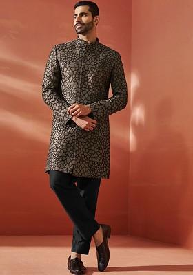 Coffee Brown Embroidered Poly Blend Indowestern Sherwani Set For Men