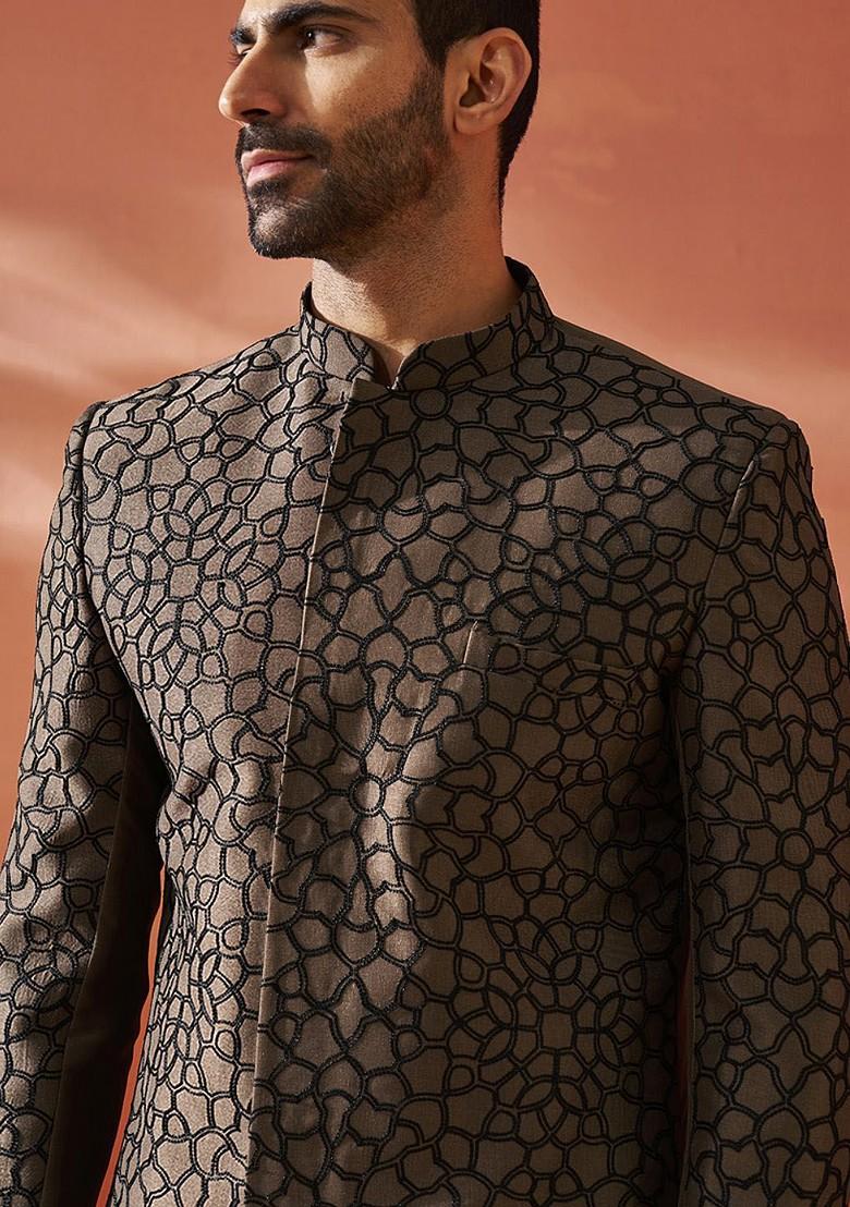 Coffee Brown Embroidered Poly Blend Indowestern Sherwani Set For Men
