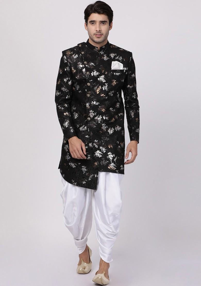 Black Solid Poly Blend Indowestern Sherwani Set For Men