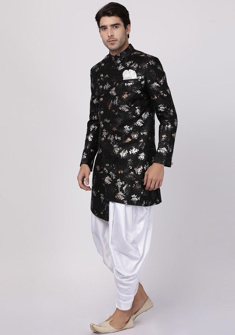 Black Solid Poly Blend Indowestern Sherwani Set For Men