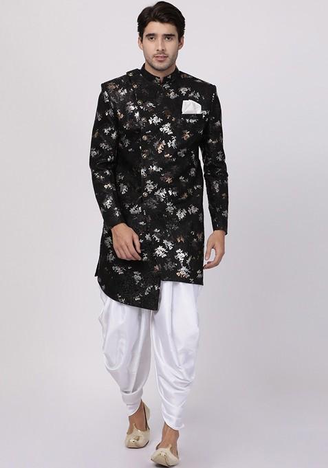 Black Solid Poly Blend Indowestern Sherwani Set For Men