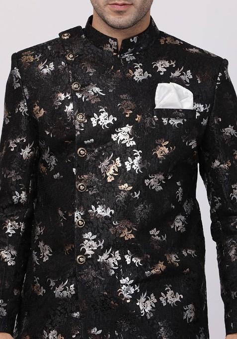 Black Solid Poly Blend Indowestern Sherwani Set For Men
