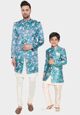 Turquoise Blue Floral Print Poly Blend Indowestern Sherwani Set For Men