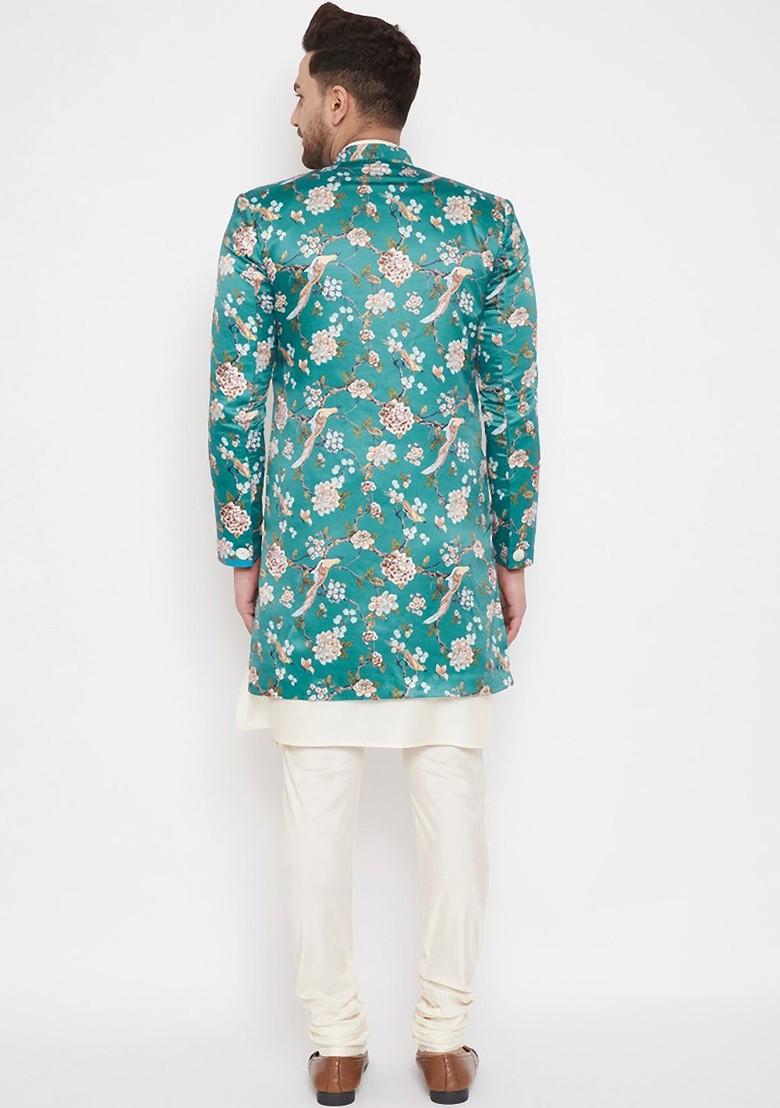 Turquoise Blue Floral Print Poly Blend Indowestern Sherwani Set For Men
