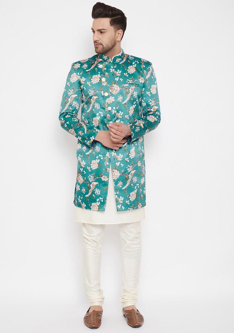 Turquoise Blue Floral Print Poly Blend Indowestern Sherwani Set For Men
