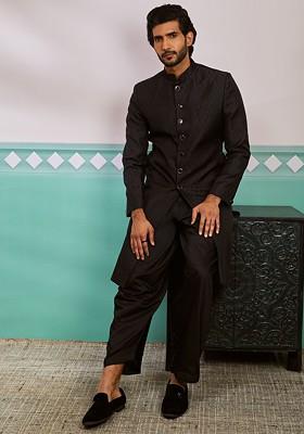 Black Woven Poly Blend Indowestern Sherwani Set For Men