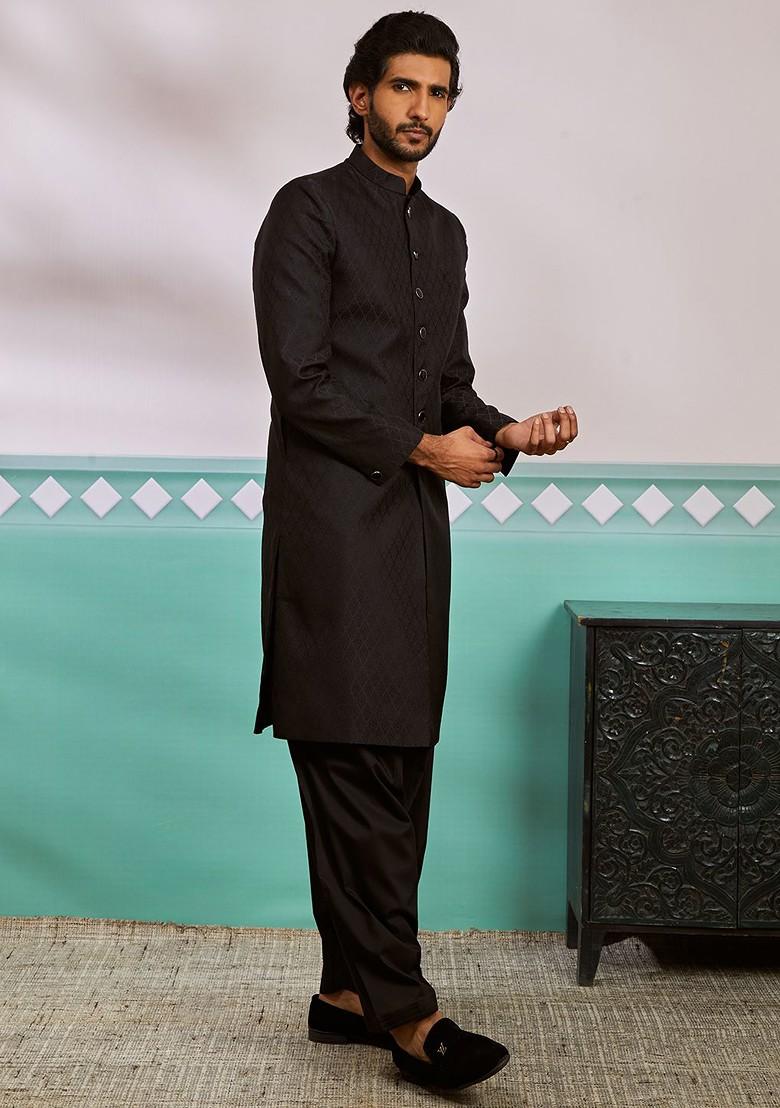 Black Woven Poly Blend Indowestern Sherwani Set For Men