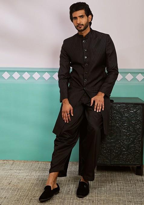 Black Woven Poly Blend Indowestern Sherwani Set For Men