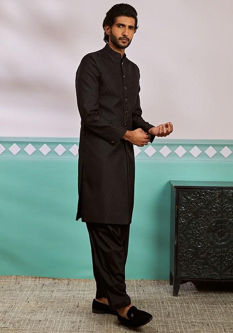 Black Woven Poly Blend Indowestern Sherwani Set For Men