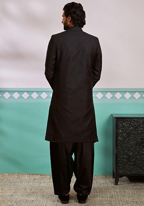Black Woven Poly Blend Indowestern Sherwani Set For Men