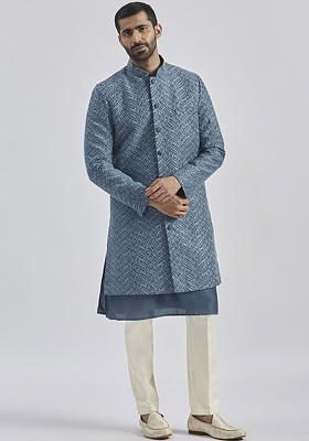 Grey Embroidered Poly Blend Indowestern Sherwani Set For Men