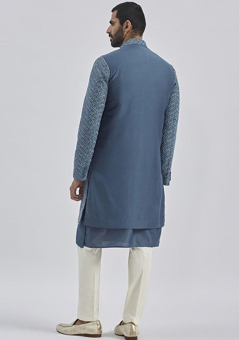 Grey Embroidered Poly Blend Indowestern Sherwani Set For Men