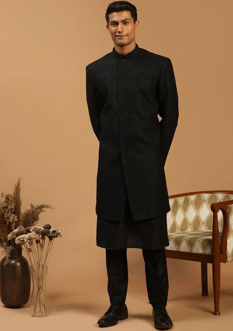 Black Printed Poly Blend Indowestern Sherwani Set For Men
