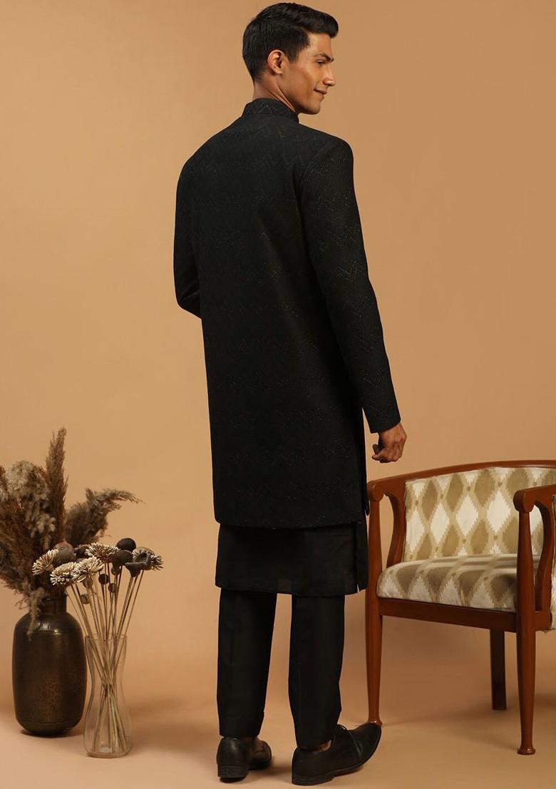 Black Printed Poly Blend Indowestern Sherwani Set For Men
