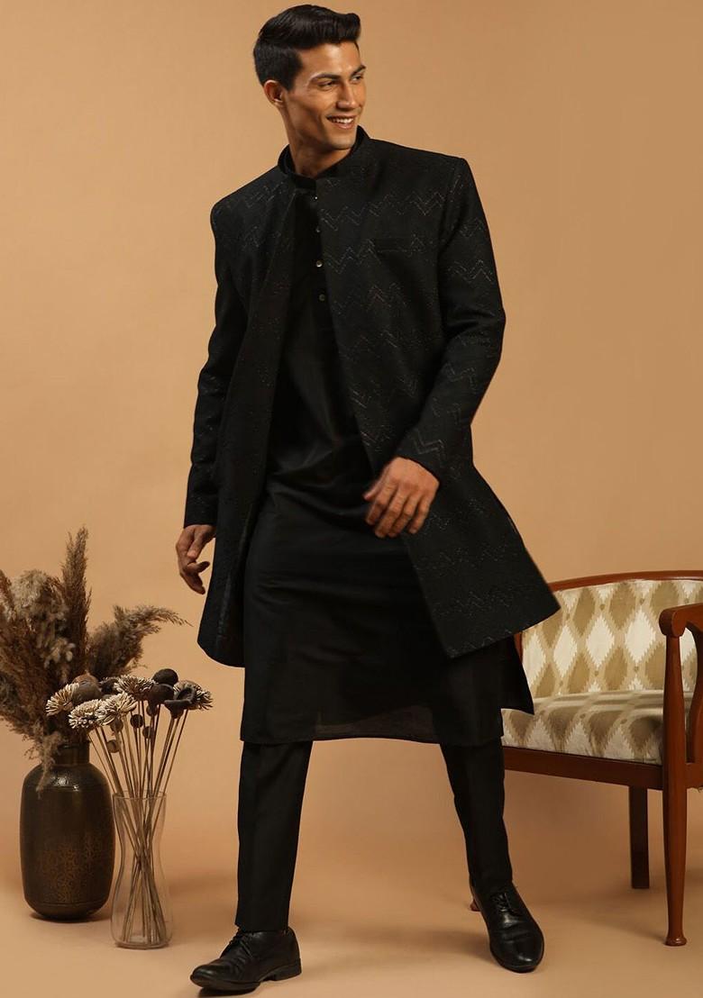 Black Printed Poly Blend Indowestern Sherwani Set For Men