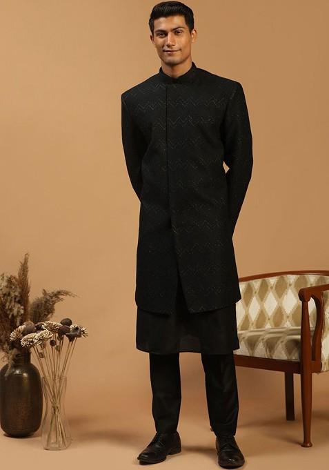 Black Printed Poly Blend Indowestern Sherwani Set For Men