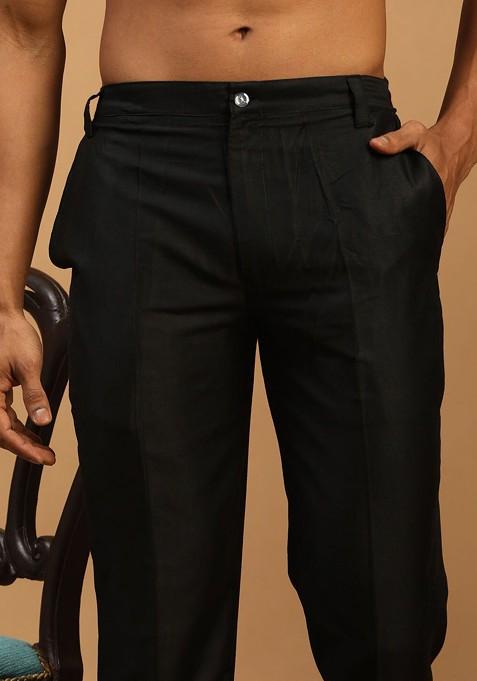 Black Printed Poly Blend Indowestern Sherwani Set For Men