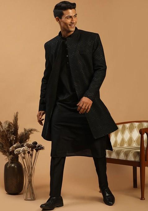 Black Printed Poly Blend Indowestern Sherwani Set For Men