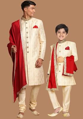 Beige Woven Poly Blend Indowestern Sherwani Set For Men