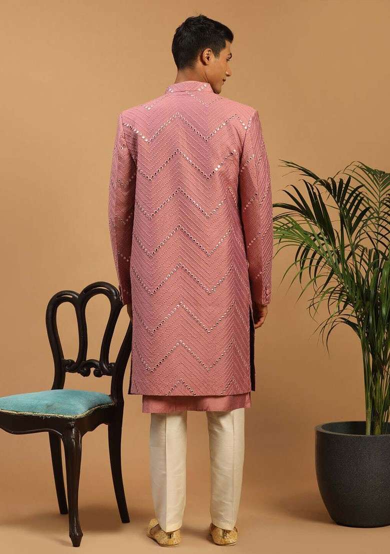 Pink Embroidered Poly Blend Indowestern Sherwani Set For Men - Indya